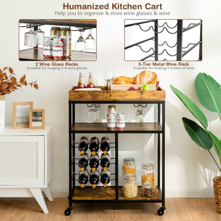 3-tier wood rolling kitchen cart with metal frame, rustic brown finish, holds 9 wine bottles and 6-8 wine glasses.