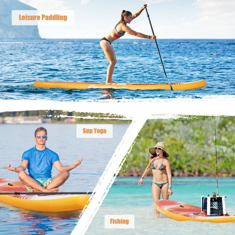 Inflatable stand-up paddle board for leisure paddling, yoga, and fishing, featuring a non-slip deck and durable PVC.