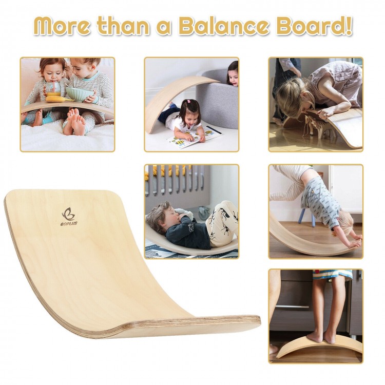 Curvy 35-inch wooden wobble balance board for kids, made of premium birch, ideal for various playful activities.