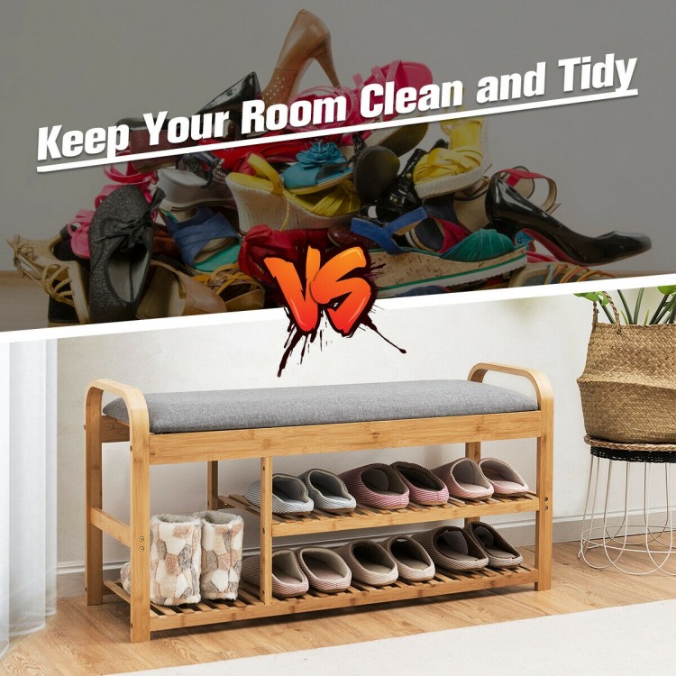 3-tier bamboo shoe rack bench with cushion, ergonomic design, holds up to 330 lbs, perfect for entryway organization.