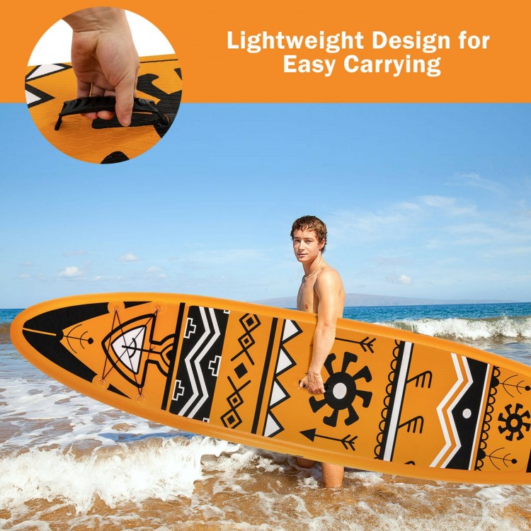 Lightweight inflatable stand-up paddle board in orange with a convenient handle, ideal for water activities and easy.