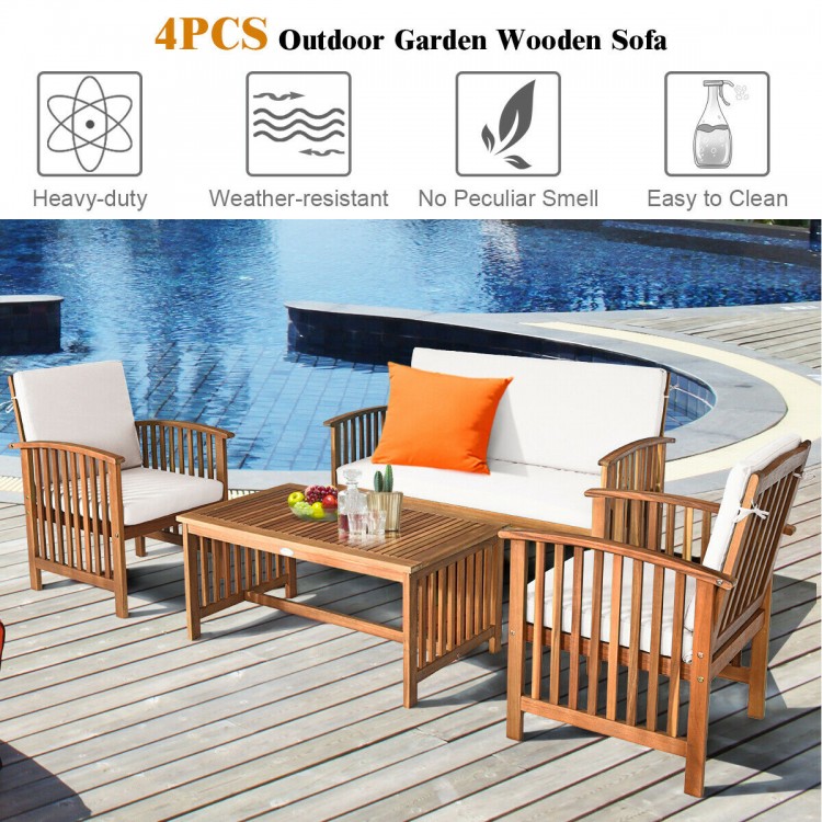4PCS patio solid wood furniture set featuring beige cushions, ideal for outdoor relaxation in garden or balcony.