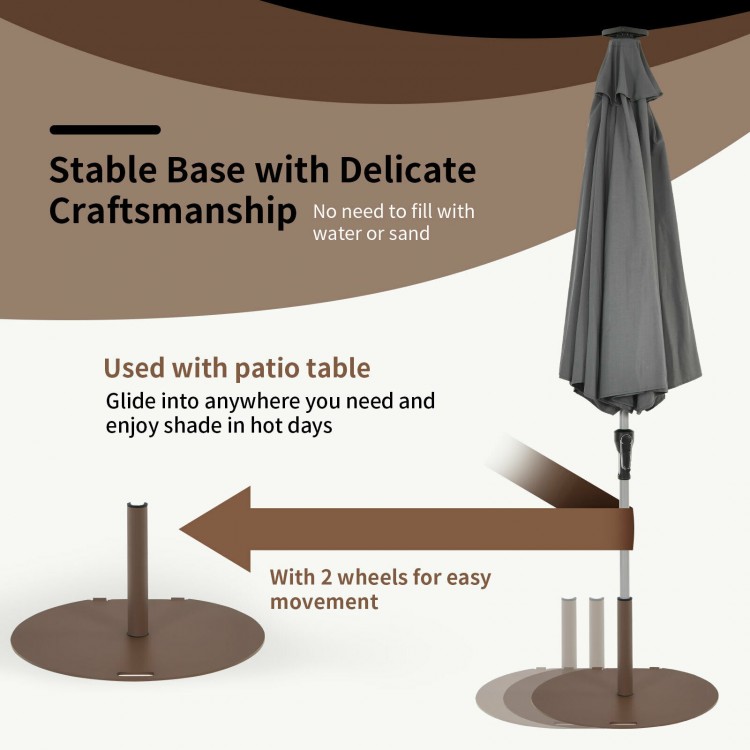 50 lbs umbrella base stand with wheels, solid metal frame for stability, ideal for patio tables and outdoor use.