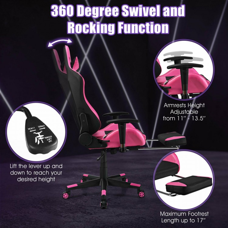 Gaming chair in pink with adjustable armrests, USB massage lumbar pillow, and retractable footrest for ultimate comfort.
