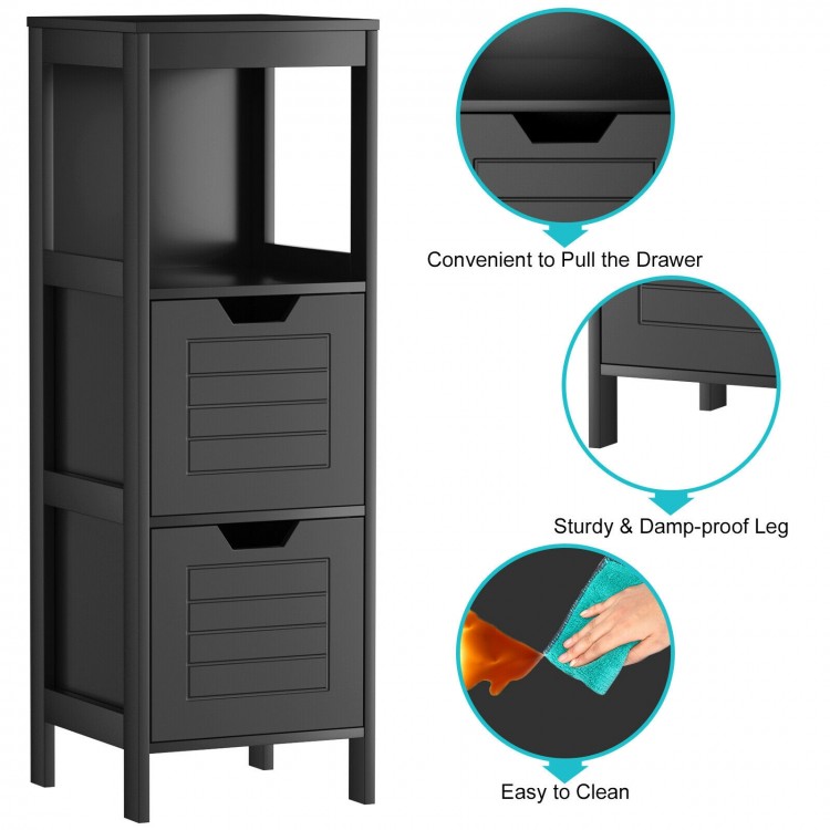 Black bathroom wooden floor cabinet with two drawers, sturdy MDF construction, easy to clean, perfect for storage.