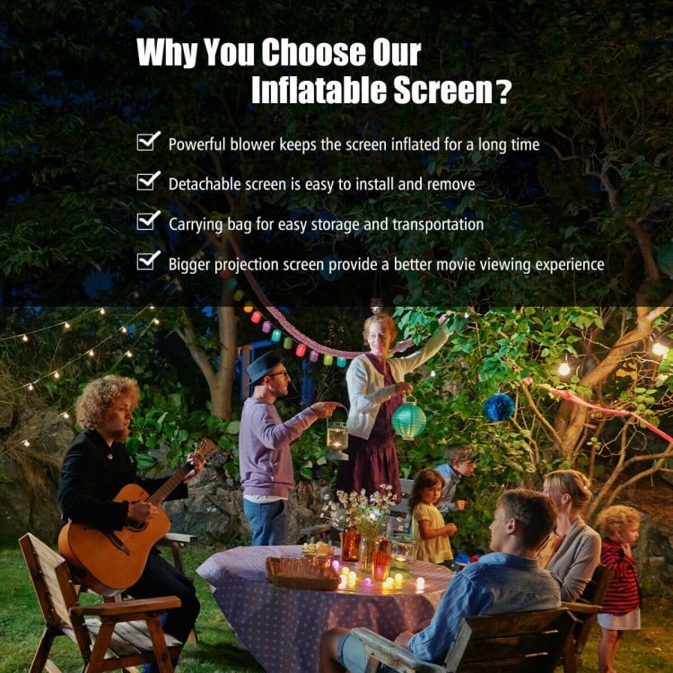 Inflatable outdoor movie projector screen with blower, 14', easy setup, includes carrying bag for convenient transport.