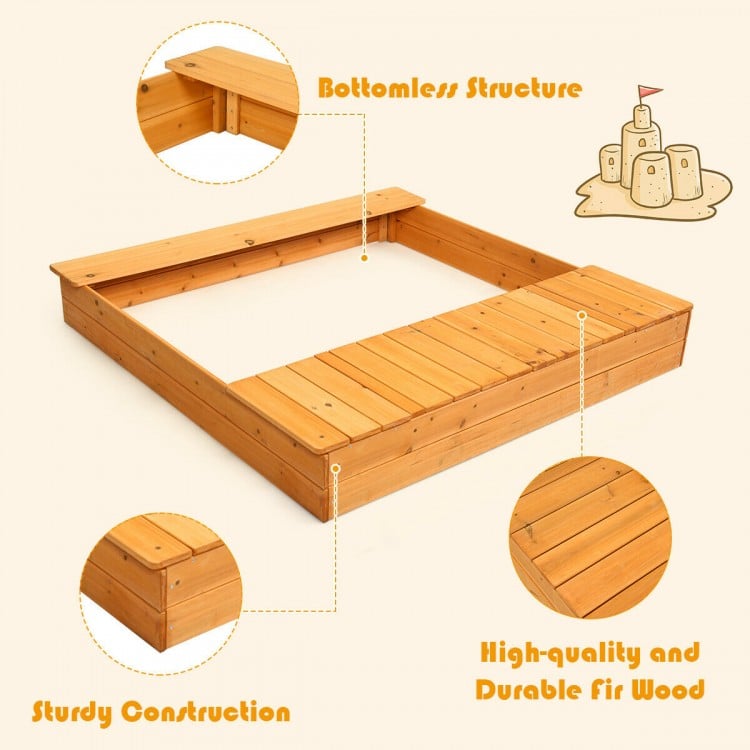 Kids outdoor cedar sandbox featuring a bottomless structure, sturdy fir wood, and two large-capacity storage boxes.