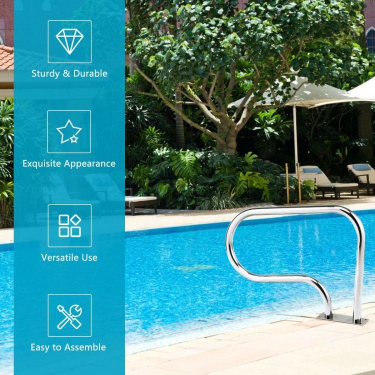 Stainless steel swimming pool handrail with square base, 22" tall and 32" long, designed for safety and easy access.
