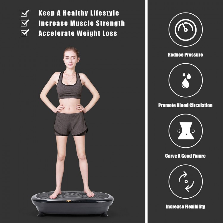 Mini vibration body fitness platform in black with remote control and resistance bands for full body training and.