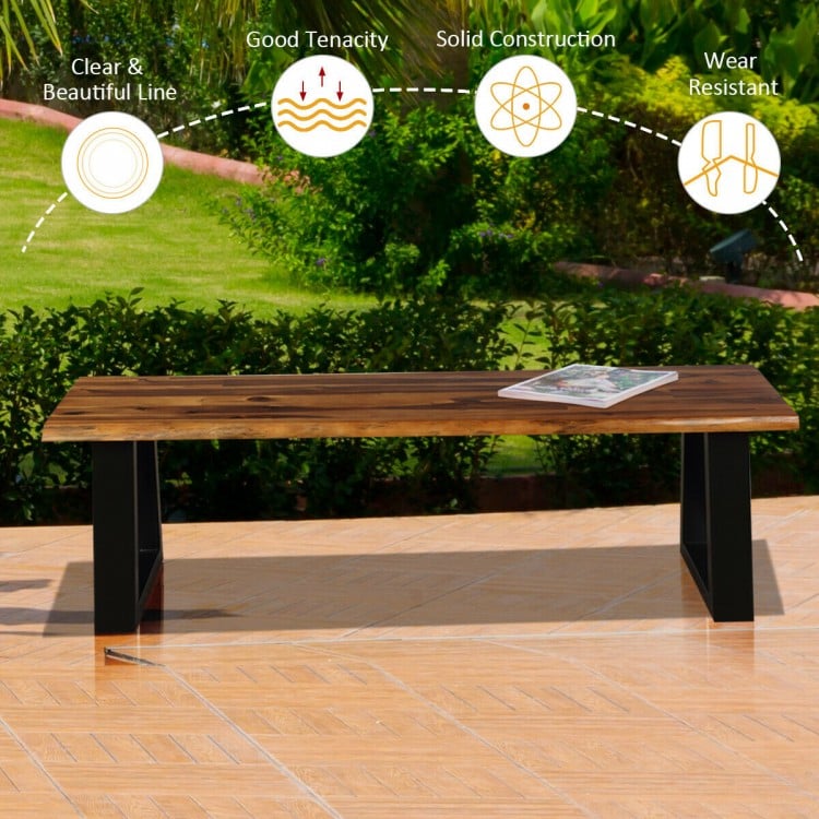 Solid acacia wood patio dining bench with metal legs, featuring a polished surface and stable design for outdoor use.