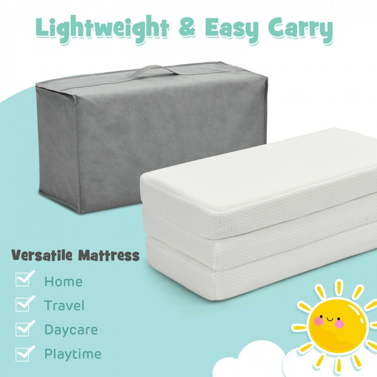 Tri-fold memory foam baby mattress with carrying bag, designed for travel and playtime, featuring rounded corners for.