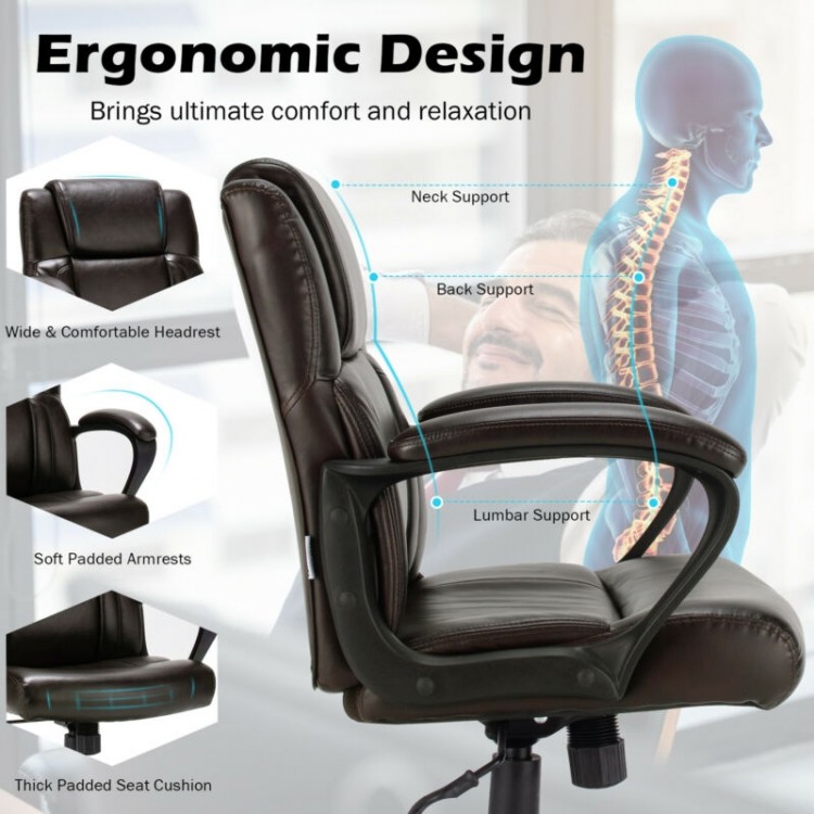 Adjustable leather executive office chair featuring ergonomic design, padded seat, and armrests for ultimate comfort.