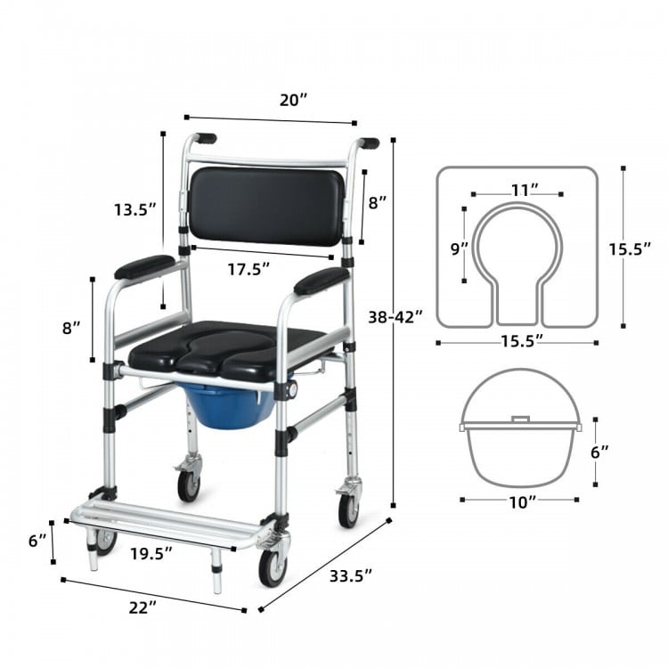 Aluminum 2-in-1 commode shower wheelchair with adjustable height, locking casters, and removable toilet for easy.