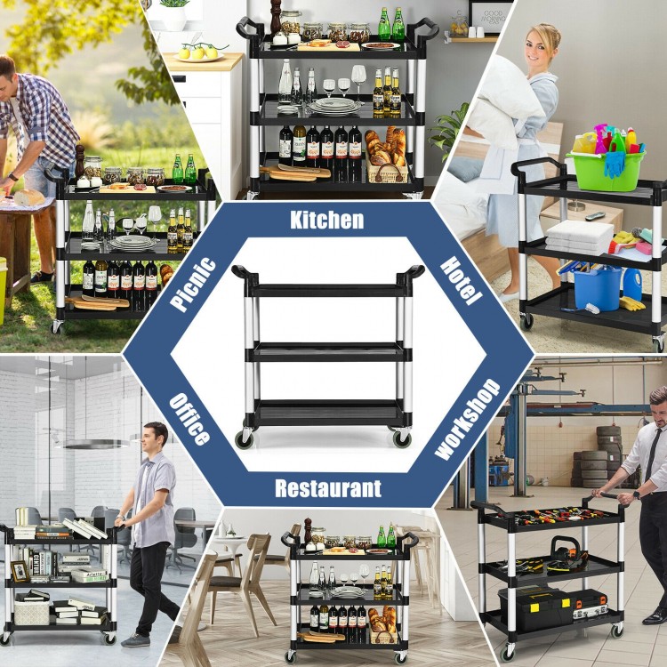 3-shelf utility service cart with aluminum frame, 490lbs capacity, rolling wheels, ideal for office, restaurant, or.