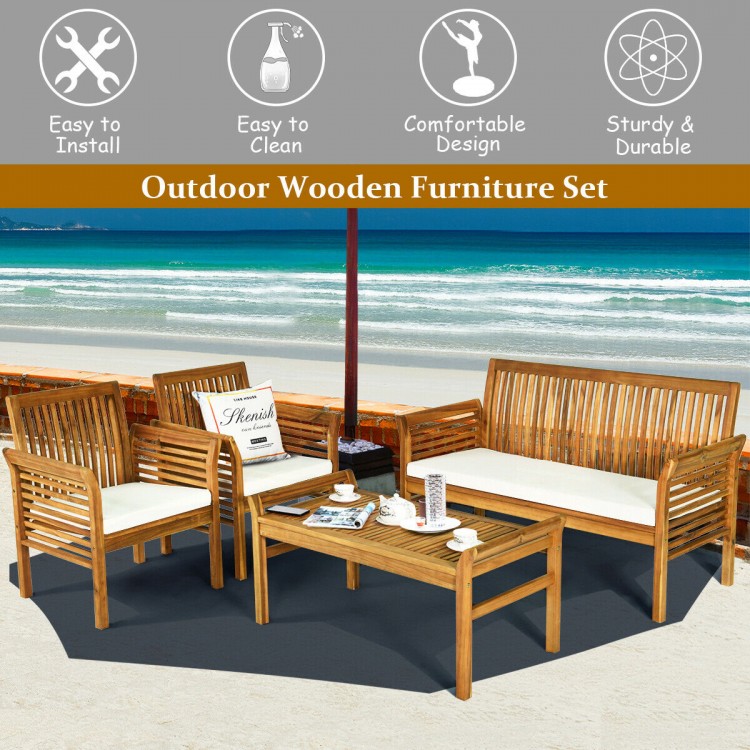 4-piece outdoor acacia wood sofa furniture set with thick cushions, ideal for patio or garden relaxation.
