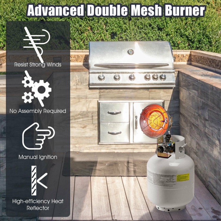 Portable 15,000 BTU propane tank top heater with metal dish, ideal for outdoor activities like camping and fishing.