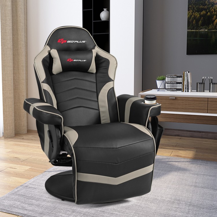 Ergonomic high back massage gaming chair in gray with adjustable footrest and cup holder for ultimate comfort.