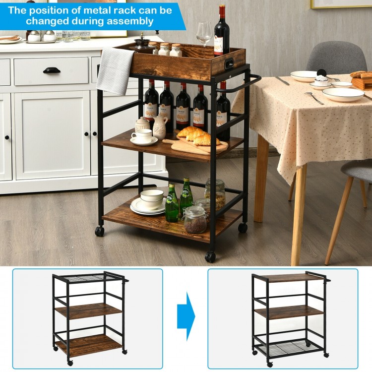 3-tier kitchen serving bar cart featuring a removable food tray, sturdy metal frame, and lockable casters for easy.