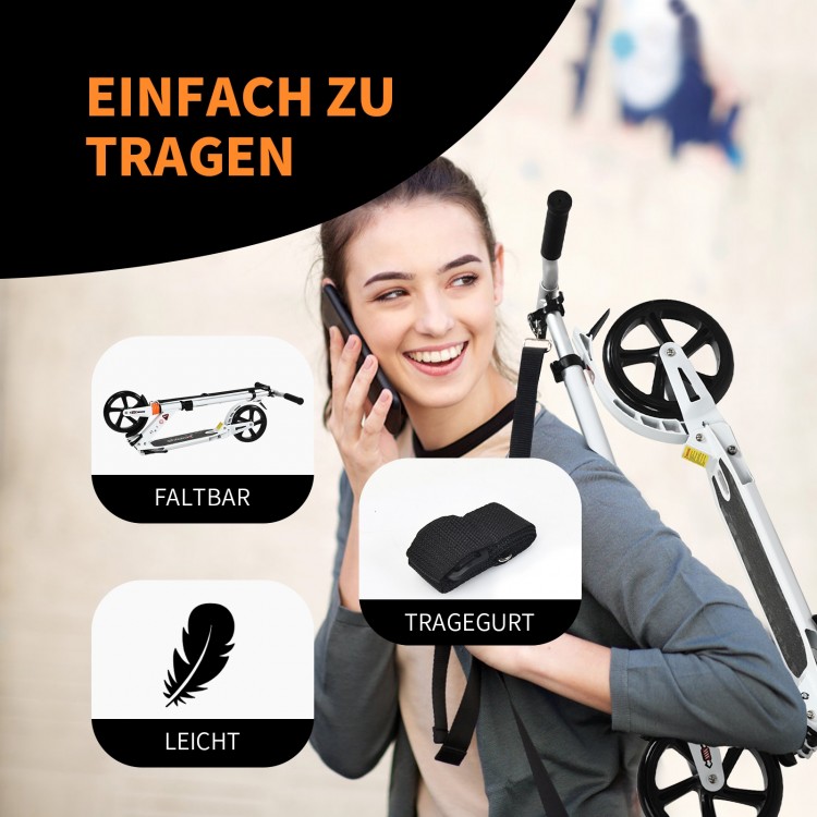 Folding aluminium adjustable kick scooter with shoulder strap, lightweight design, ideal for commuting and kids' play.