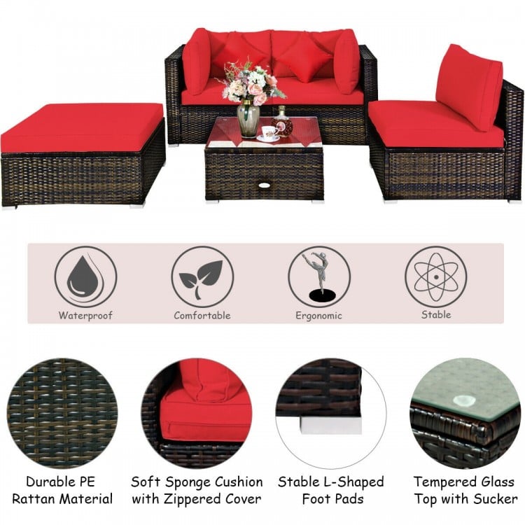 5-piece outdoor patio rattan furniture set with red cushions, featuring a coffee table and versatile seating options.
