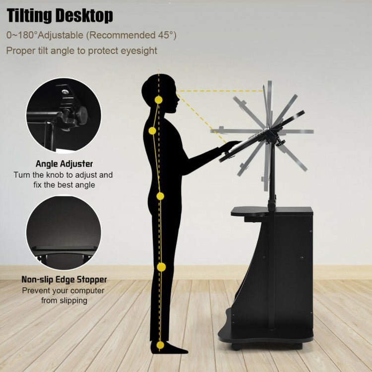 Height adjustable sit-to-stand laptop desk cart in black with tilting desktop and open storage compartment for.
