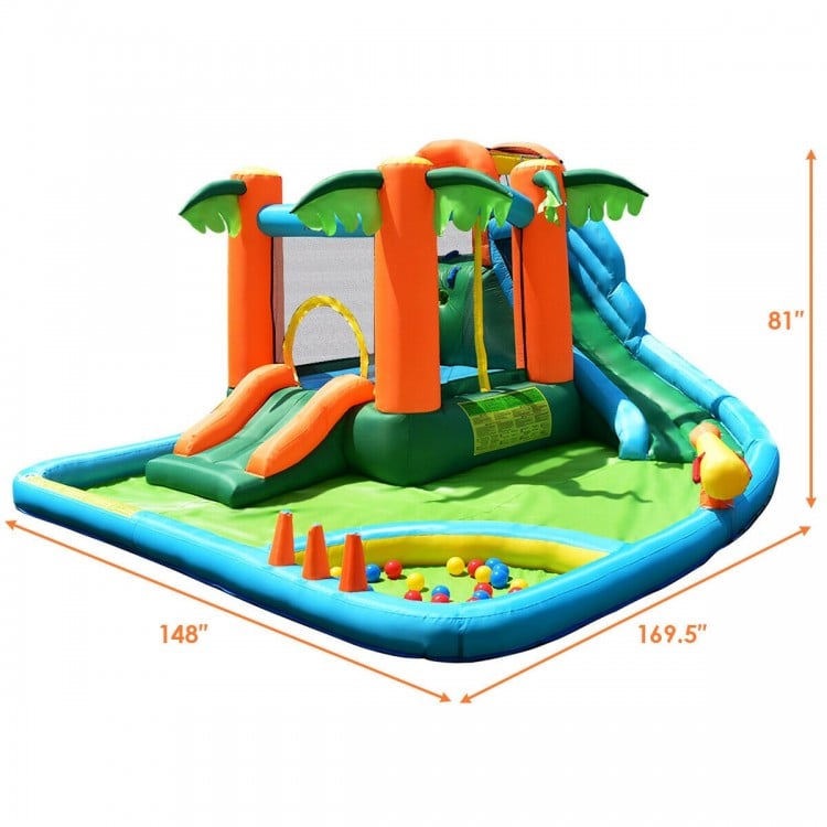 7-in-1 inflatable slide bouncer with two slides, colorful design, suitable for garden play, holds up to 5 kids.