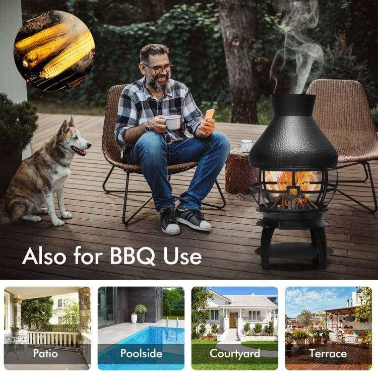 Patio wood burning chimneys fireplace with round wire mesh, sturdy iron construction, ideal for outdoor BBQ use.