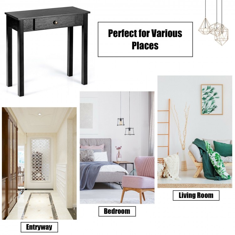 Small space console table in black with drawer, made of wood and MDF, perfect for entryway, bedroom, or living room.
