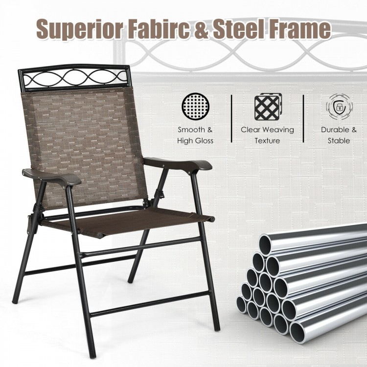 Folding patio chair with breathable fabric and heavy-duty steel frame, ideal for outdoor activities and easy storage.