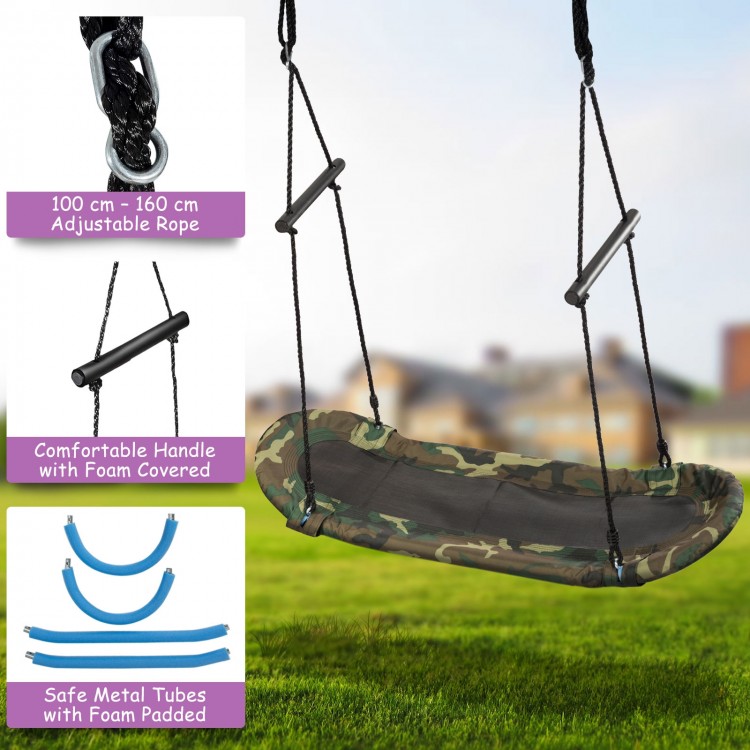 Adjustable army green saucer tree swing with foam handles, suitable for kids and adults, ideal for outdoor fun.