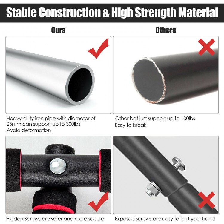 Multi-purpose pull-up bar showcasing sturdy iron construction, supporting up to 300lbs for versatile indoor workouts.