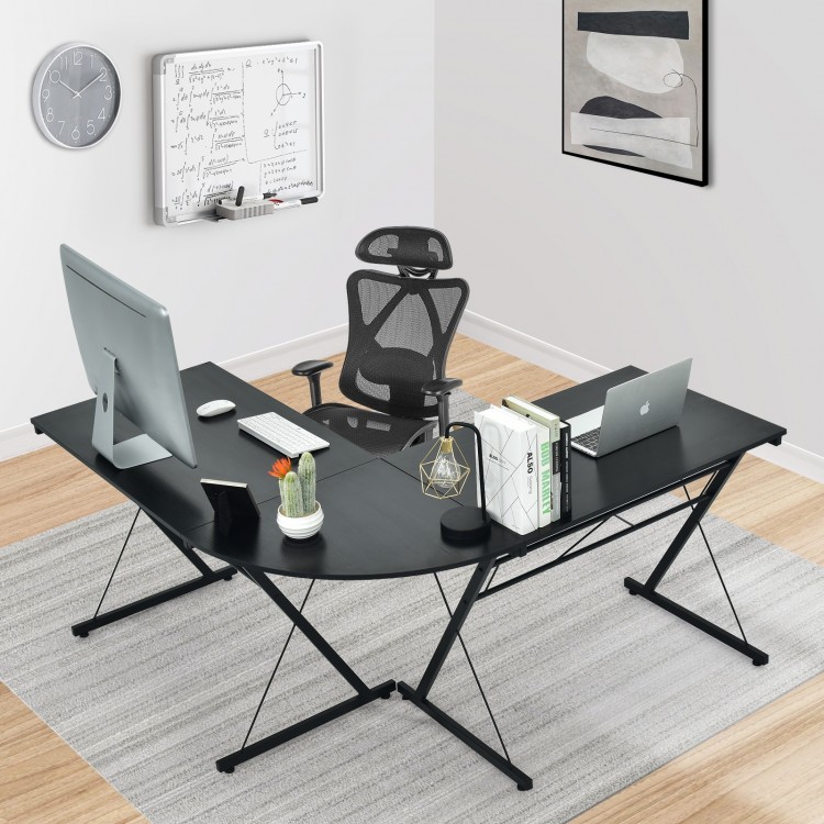 L-shaped corner desk in black featuring an elegant design, X-shaped brackets for stability, perfect for home office use.