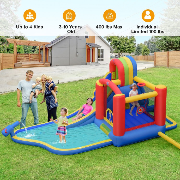 Inflatable water slide park with curved slide and safety nets, perfect for kids aged 3-10 for exciting summer play.