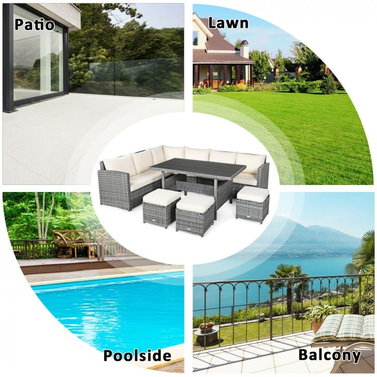 7-piece all-weather patio rattan sectional sofa set with off-white cushions, perfect for outdoor relaxation and dining.