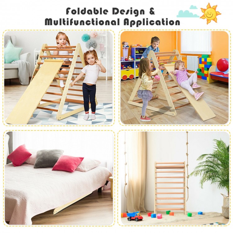 Foldable wooden climbing triangle with ladder for toddlers, featuring smooth edges and non-toxic paint for safe play.