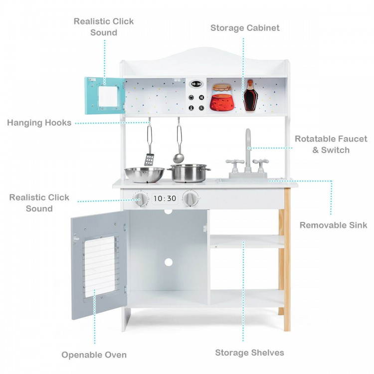 Kids kitchen playset with pot, pan, and spatula, featuring realistic sounds and storage shelves for imaginative play.