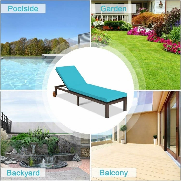 Turquoise patio chaise lounge chair with adjustable backrest and wheels, perfect for outdoor relaxation in various.