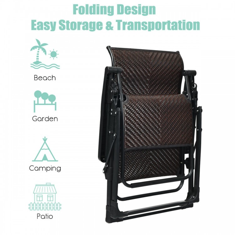 Folding patio rattan zero gravity lounge chair with adjustable design, lightweight for easy storage and outdoor use.