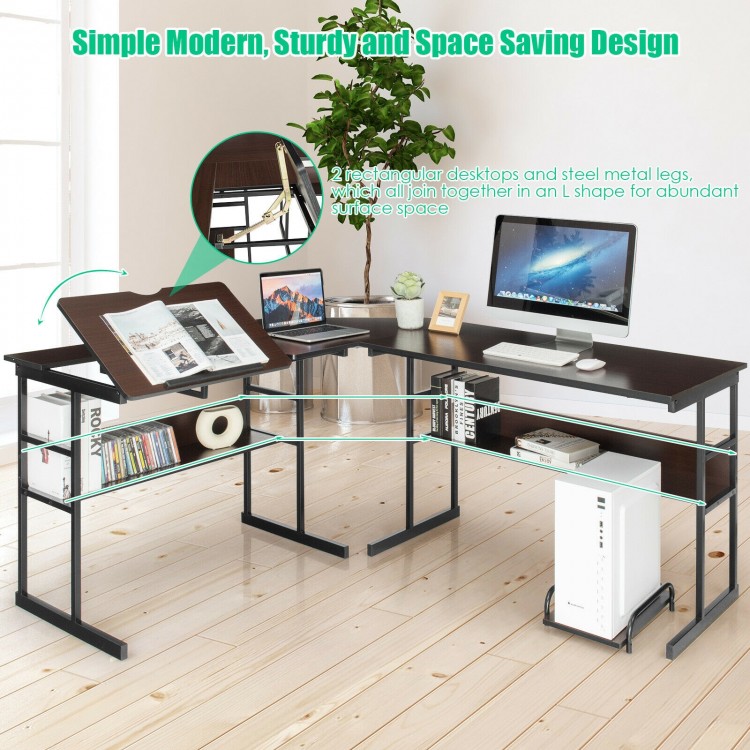L-shaped computer desk in brown with adjustable tabletop, metal legs, and two open shelves for ample storage.