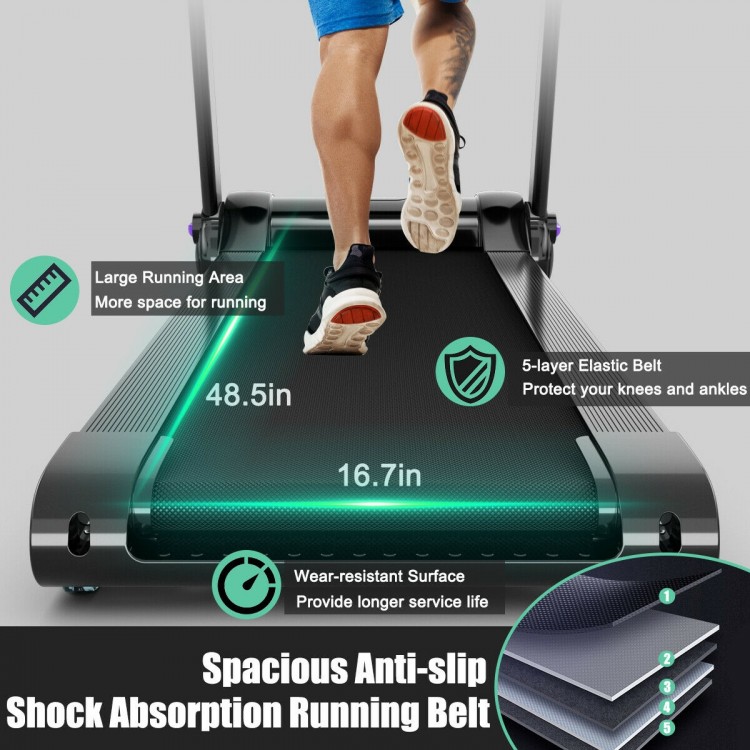 Close-up of the 5-layer anti-slip running belt on the 3HP folding electric treadmill for comfortable exercise.