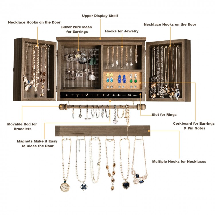 Vintage wood wall-mounted jewelry organizer with barn door, featuring hooks for necklaces and earrings, perfect for.