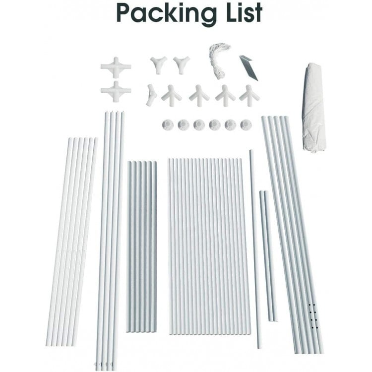 Packing list for the 10 x 20 feet waterproof canopy tent, featuring white poles, connectors, and assembly accessories.