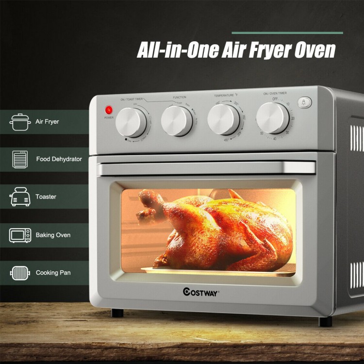 19 Qt air fryer toaster oven with transparent window, 4 knobs, and 7 cooking functions for healthy, crispy meals.