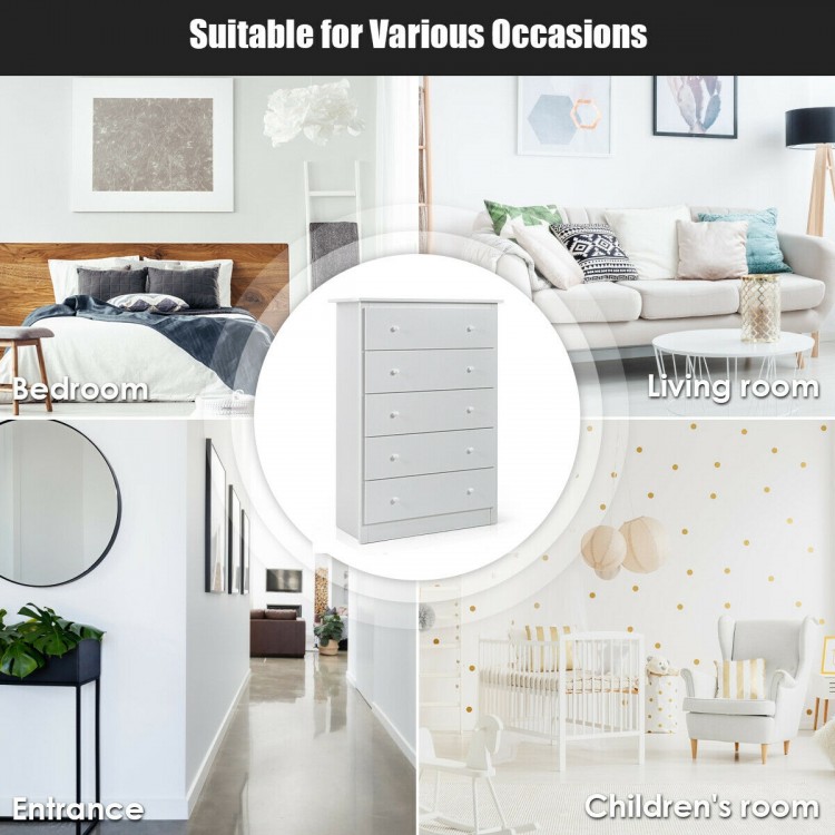 White 5-drawer dresser made of solid PB board and MDF, ideal for bedroom, living room, or children's room storage.