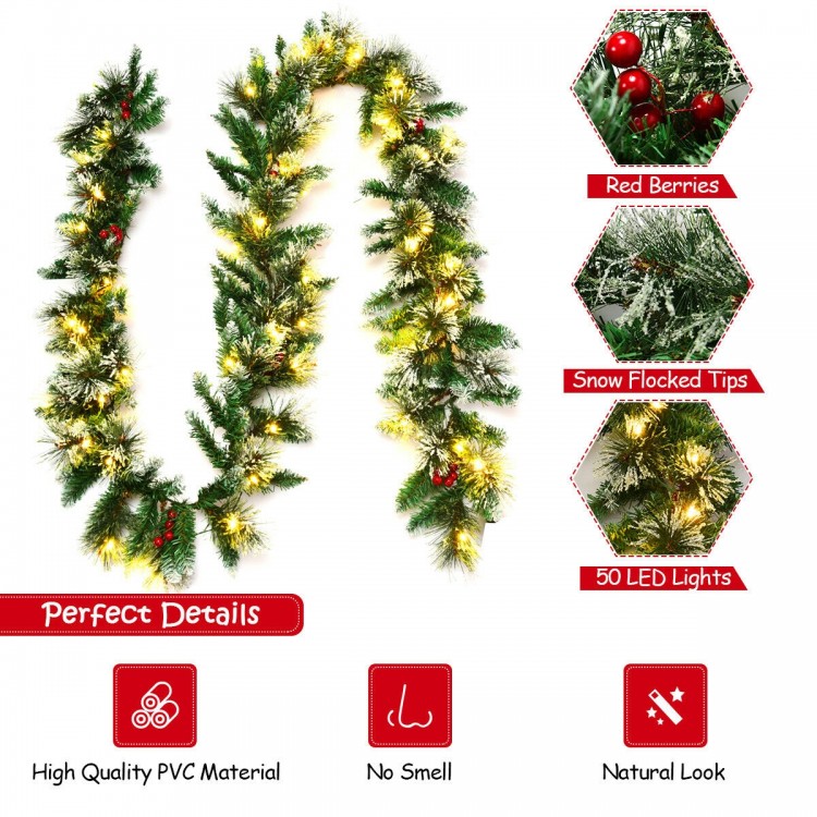 9-foot pre-lit Christmas garland with snow flocked tips and red berries, featuring 50 LED lights for festive decoration.