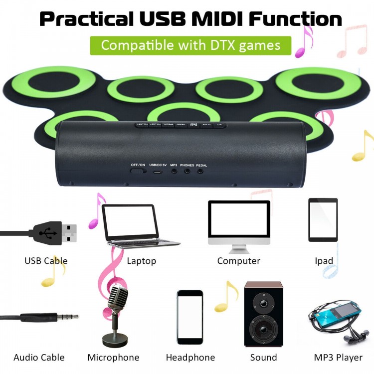 7-pad electronic roll-up MIDI drum set in green, featuring sensitive-touch pads and dual speakers for enhanced sound.