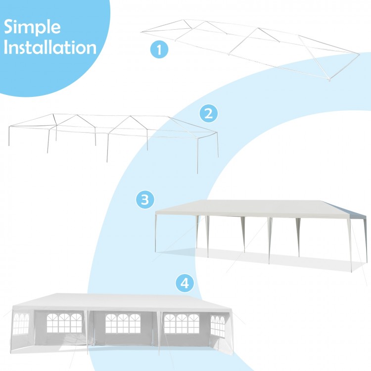 10 x 30 feet canopy tent with 5 removable sidewalls, featuring a sturdy steel frame for outdoor parties and weddings.