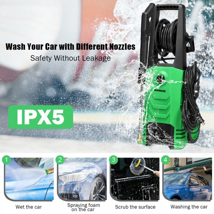 3500PSI electric pressure washer in green with hose reel and four nozzles for versatile outdoor cleaning tasks.