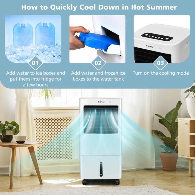 Evaporative portable air cooler fan in white, featuring a visible water level indicator for easy monitoring and.
