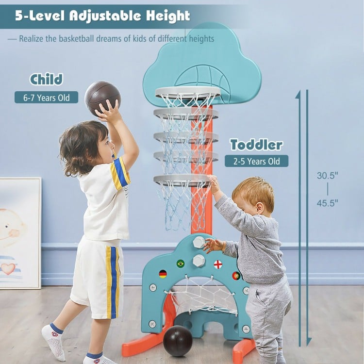 3-in-1 kids basketball hoop set in green, adjustable height from 30.5" to 45.5", ideal for indoor and outdoor play.